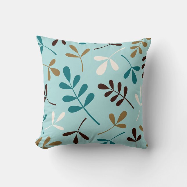 Large Assorted Leaves Teals Cream Gold Brown Cushion (Front)