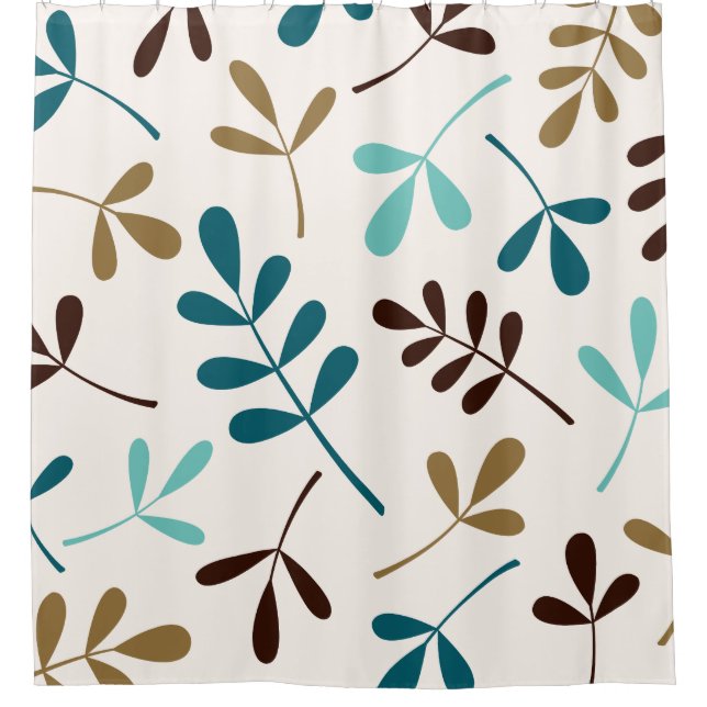 Large Assorted Leaves Teals Gold Brown on Cream Shower Curtain (Front)