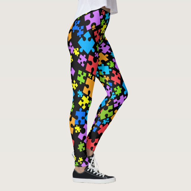 Large Autism Puzzle Pieces on BLACK Leggings (Right)