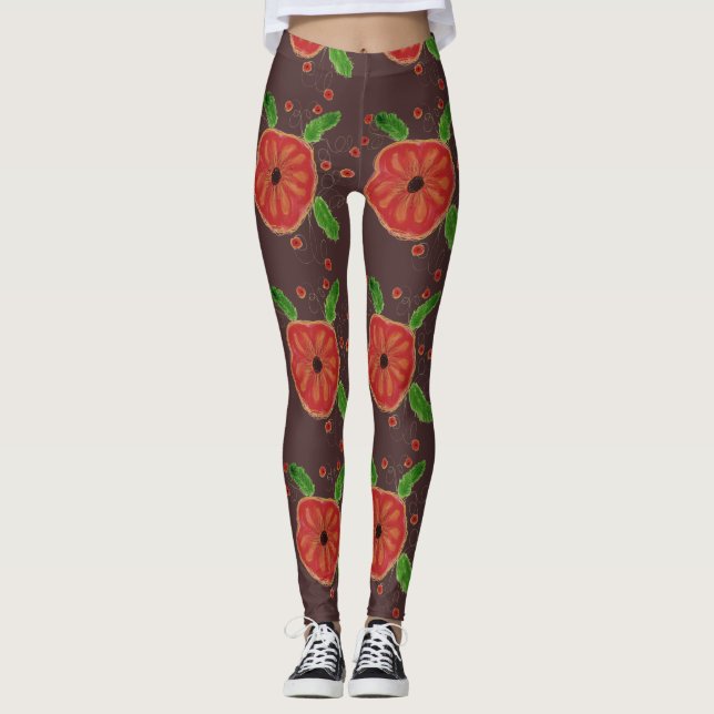 Large Barn Red Blossom Print Leggings (Front)