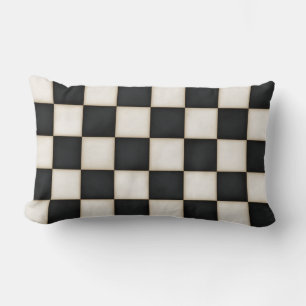 Large Black & Antique White Checkers Lumbar Cushion