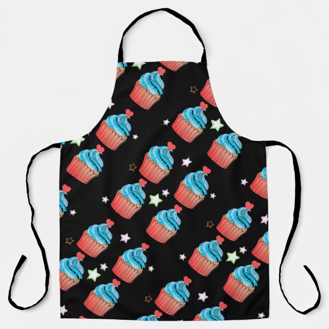 Large Black, Blue and Red Cupcake Print Apron (Front)