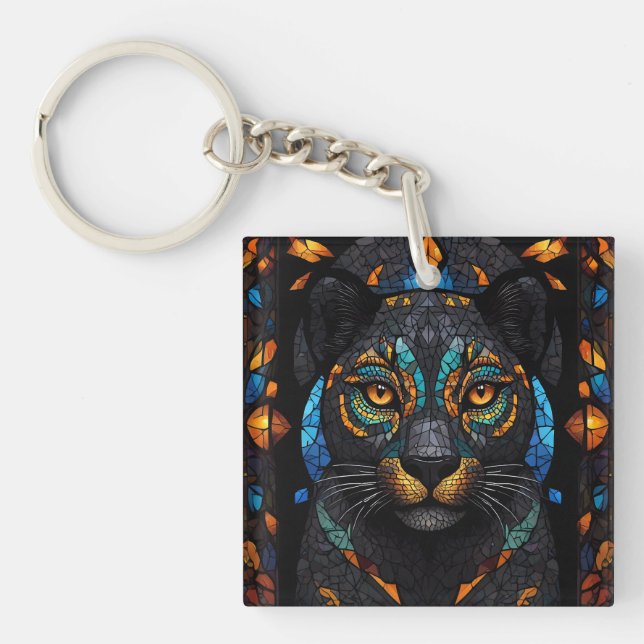 Large Black Cat Mosaic stained Glass effect  Key Ring (Front)