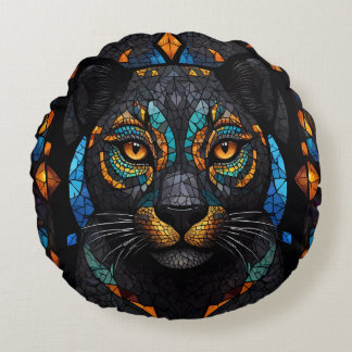 Large Black Cat Mosaic stained Glass effect Round Cushion