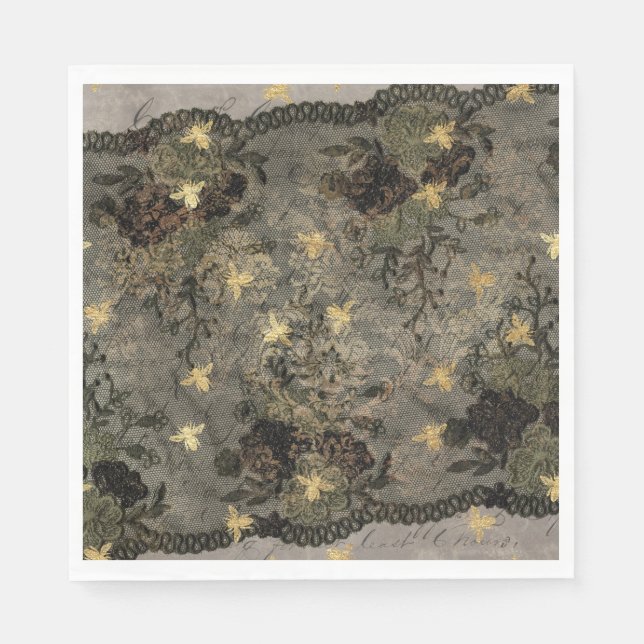 Large Black Lace Gold Bee Napkin (Front)