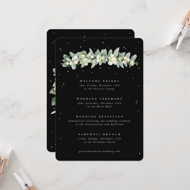 Large Black Snowberry+Eucalyptus Wedding Itinerary (Front/Back In Situ)