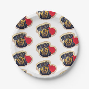 Large Black Tan PopArt Rottweiler Heart pattern Paper Plate