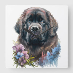 LARGE BLACK WATERCOLOR NEWFOUNDLAND DOG SQUARE WALL CLOCK