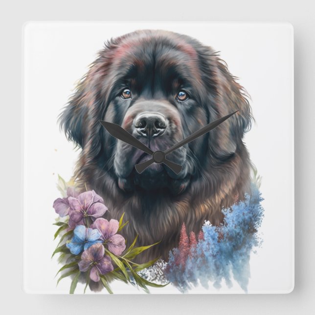 LARGE BLACK WATERCOLOR NEWFOUNDLAND DOG SQUARE WALL CLOCK (Front)