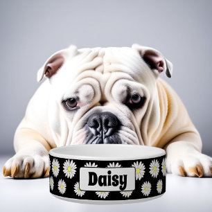 Large Black & White Daisies Personalised Dog Bowl