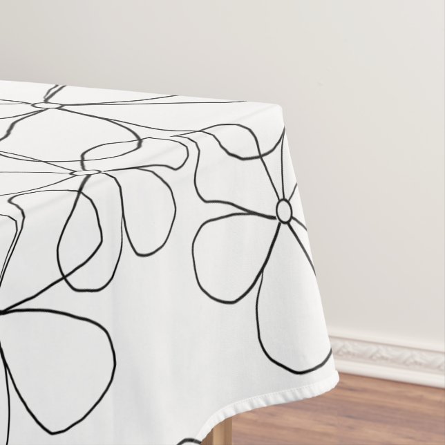 Large Black White Hand-Drawn Flowers Tablecloth (In Situ)