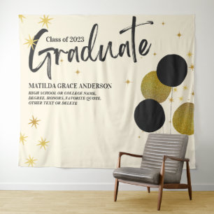 Large BlackGold Graduation Party Photo Backdrop Tapestry