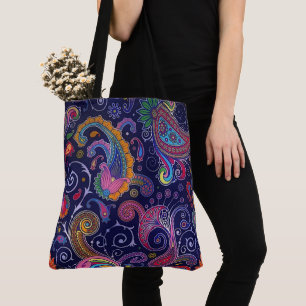 Large Blue Boho Paisley Tote Bag