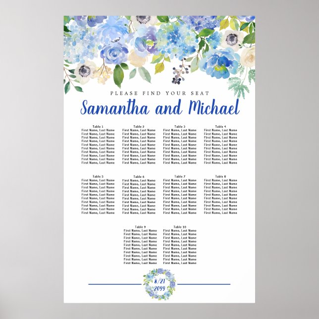 Large Blue Hydrangea 10-Table Seating Chart (Front)