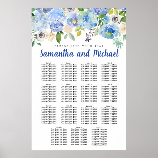 Large Blue Hydrangea 15-Table Seating Chart (Front)
