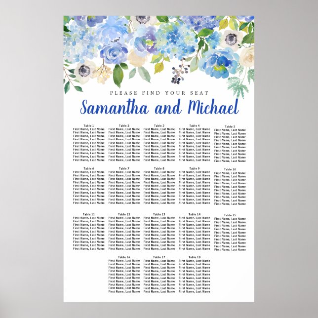 Large Blue Hydrangea 18-Table Seating Chart (Front)