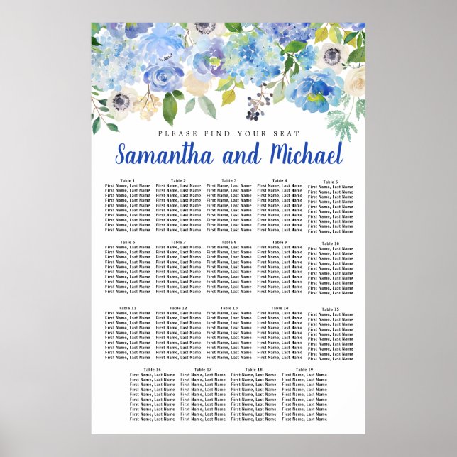 Large Blue Hydrangea 19-Table Seating Chart (Front)