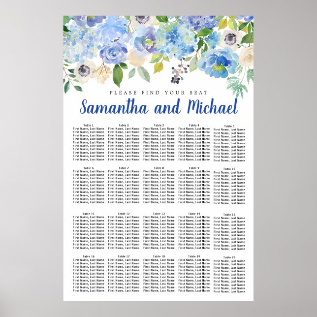 Large Blue Hydrangea 20-Table Seating Chart (Front)