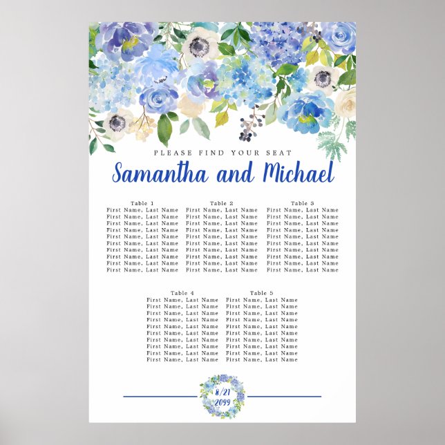 Large Blue Hydrangea 5-Table Seating Chart (Front)