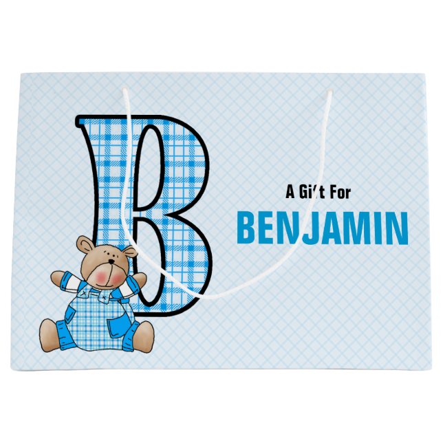 LARGE Blue Letter B for Boys with Teddy Bear Large Gift Bag (Front)