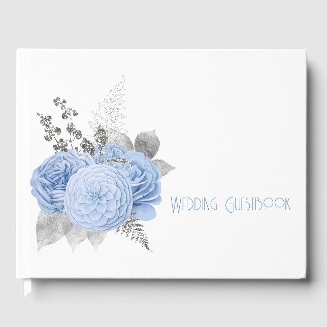 Large Blue Roses Silver Leaves Wedding Guest Book (Front)