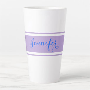 Large Blue Script Name, Lavender Stripes on White Latte Mug