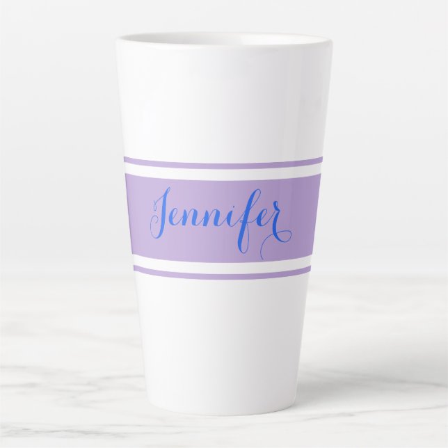 Large Blue Script Name, Lavender Stripes on White Latte Mug (Front)