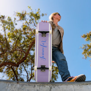 Large Blue Script Name, Lavender Stripes on White Skateboard