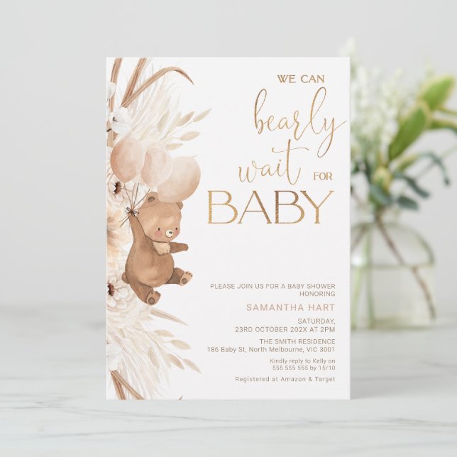 Large Boho Floral Bearly Wait for Baby Baby Shower Invitation (Standing Front)