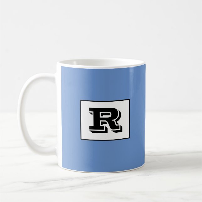 Large Bold Outlined Black Monogram, Blue Coffee Mug (Left)