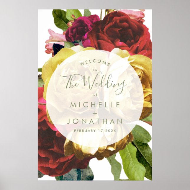 Large Botanical Roses Wedding Welcome Sign (Front)