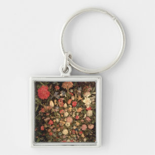 Large bouquet of flowers in a wooden tub key ring