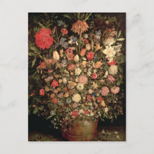 Large bouquet of flowers in a wooden tub postcard