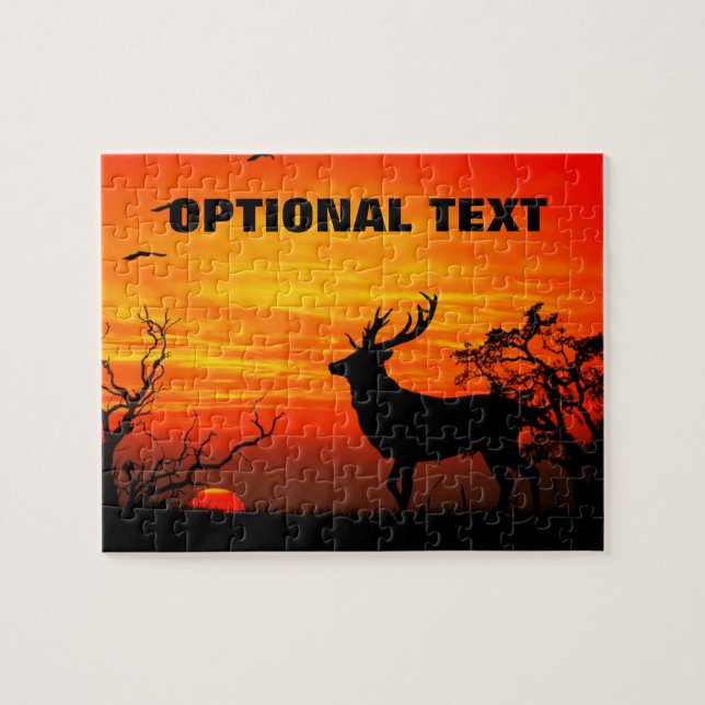 Large Buck Silhouetted Against Fiery Sunset Jigsaw Puzzle (Horizontal)