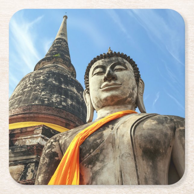 Large Buddha in Ayutthaya, Thailand Square Paper Coaster (Front)