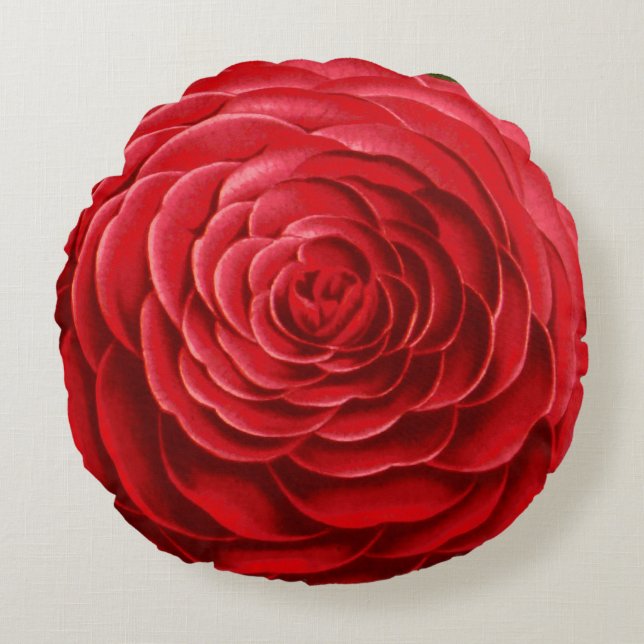 Large Camellia Blossom, Shades of Deep Red Round Cushion (Front)