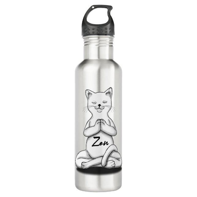 Large cat sitting like Buddha Zen in black text 710 Ml Water Bottle (Front)
