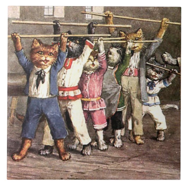 Large Ceramic Tile Exercising Kitty Cats! Funny!!! (Front)