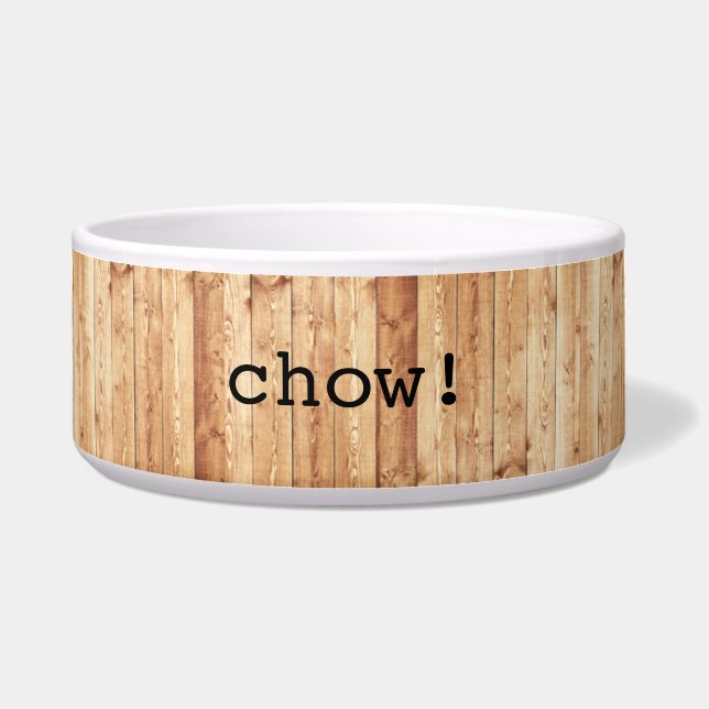 Large “chow!” ceramic dog bowl - wood (Front)