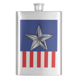 Large Chrome Like Silver Star on Festive Colours Hip Flask