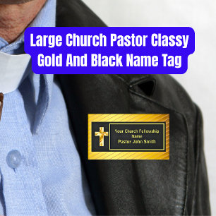 Large Church Pastor Classy Gold And Black Name Tag