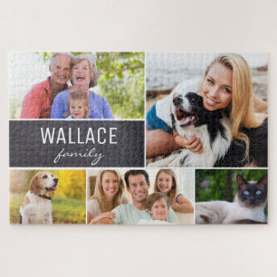 Large Collage photos with family name Chalkboard Jigsaw Puzzle