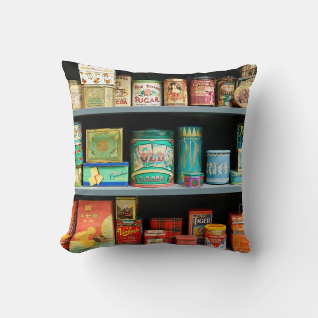 Large collection of colourful vintage cans display cushion (Front)