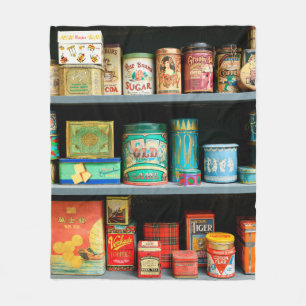 Large collection of colourful vintage cans display fleece blanket