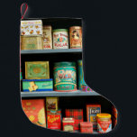 Large collection of colourful vintage cans display small christmas stocking<br><div class="desc">Large collection of colourful vintage cans displayed on a shelf used as retail packaging with brand advertising and arranged according to colour
vintage,  grocery,  shelf,  display,  advertising,  brand,  brands,  business,  canister,  cans,  collectibles,  collecting cans,  collection,  colour-coded,  colourful,  commerce,  consumer,  editorial,  food,  green,  vintage,  retro,  illustration</div>