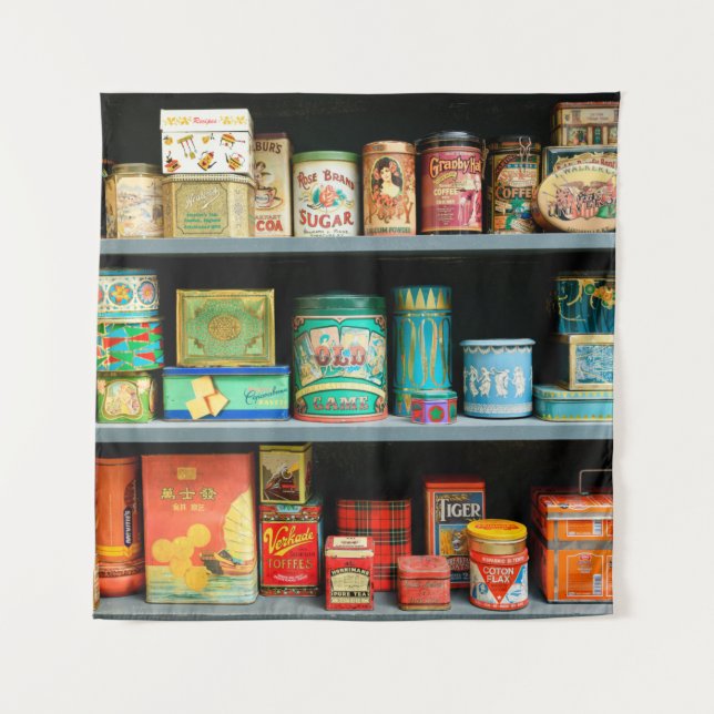 Large collection of colourful vintage cans display tapestry (Front)