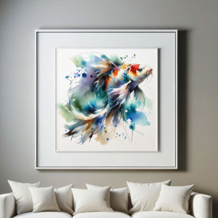 Large Colorful Koi Fish Watercolor Art Poster