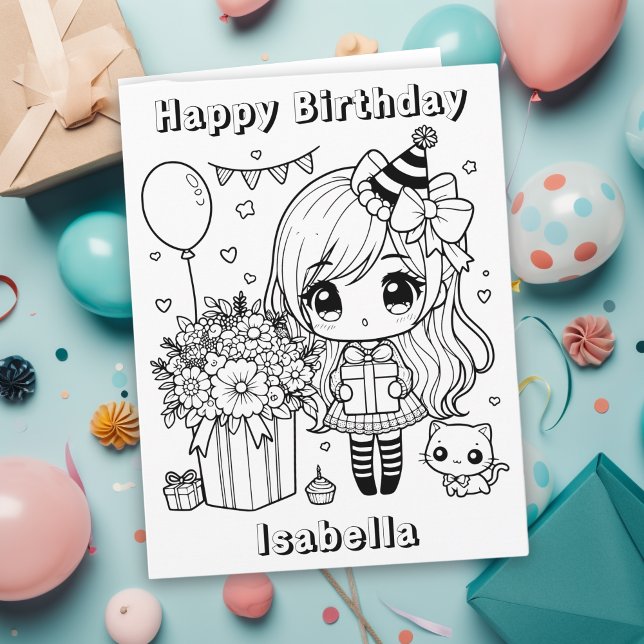 Large Colour Me Anime Girl's Birthday Card (Creator Uploaded)