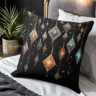 Large Colourful Boho Gems on Black ID1035 Cushion