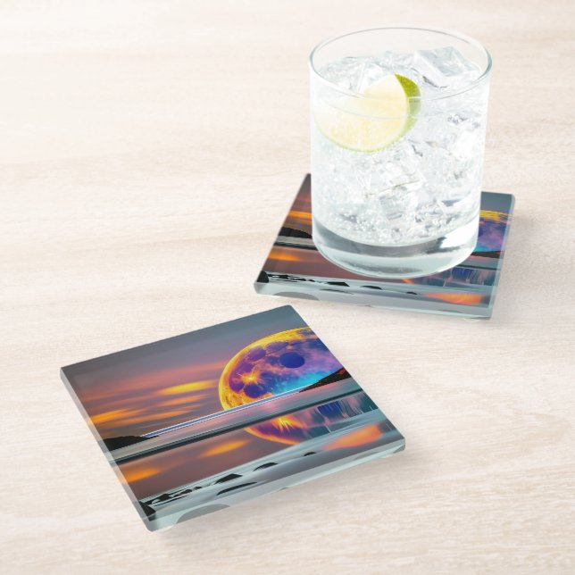 Large Colourful moon rises over water- reflecting Glass Coaster (Angled)